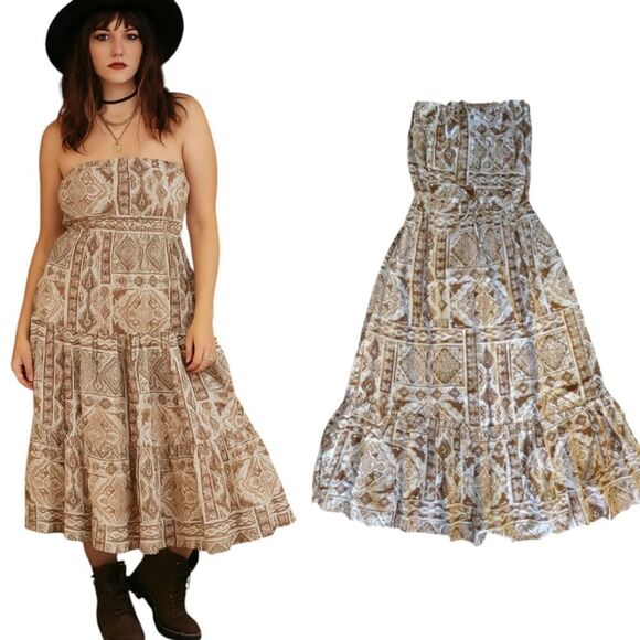 Salty Lemon Brown White Geometric Print Strapless Maxi Tiered Dress Large NWT - Picture 16 of 16